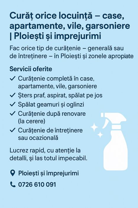 Curatenie la domiciliu -curat orice tip de locuinta