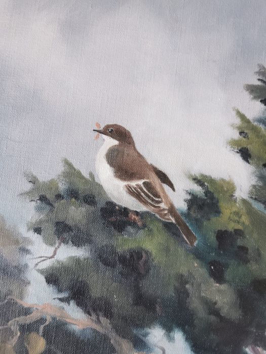 Антикварна картина в рамка и паспарту УОЛТЪР ЛИЛЕНБЕРГ „ПТИЦИ НА КЛОН“