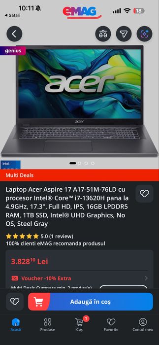 Laptop Acer Aspire 17 A17-51M-77Z7 - i7 13620H / 16 DDR5 / 512 SSD Nou