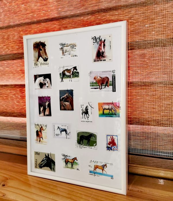 Картина от пощенски марки 17 бр. коне в бяла рамка 20,5 х 28,5 х 2 см