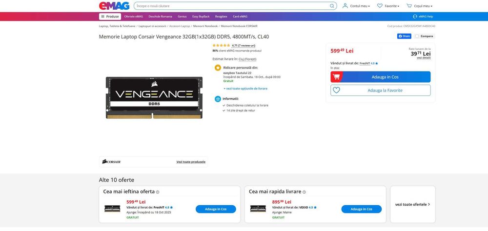 Memorie Laptop Corsair Vengeance 32GB(1x32GB) DDR5, 4800MT/s, CL40