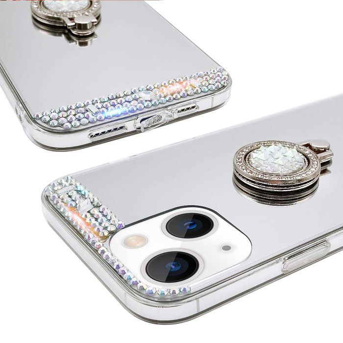Husa tip oglinda cu inel si pietricele pentru iPhone 15 / 15 Plus