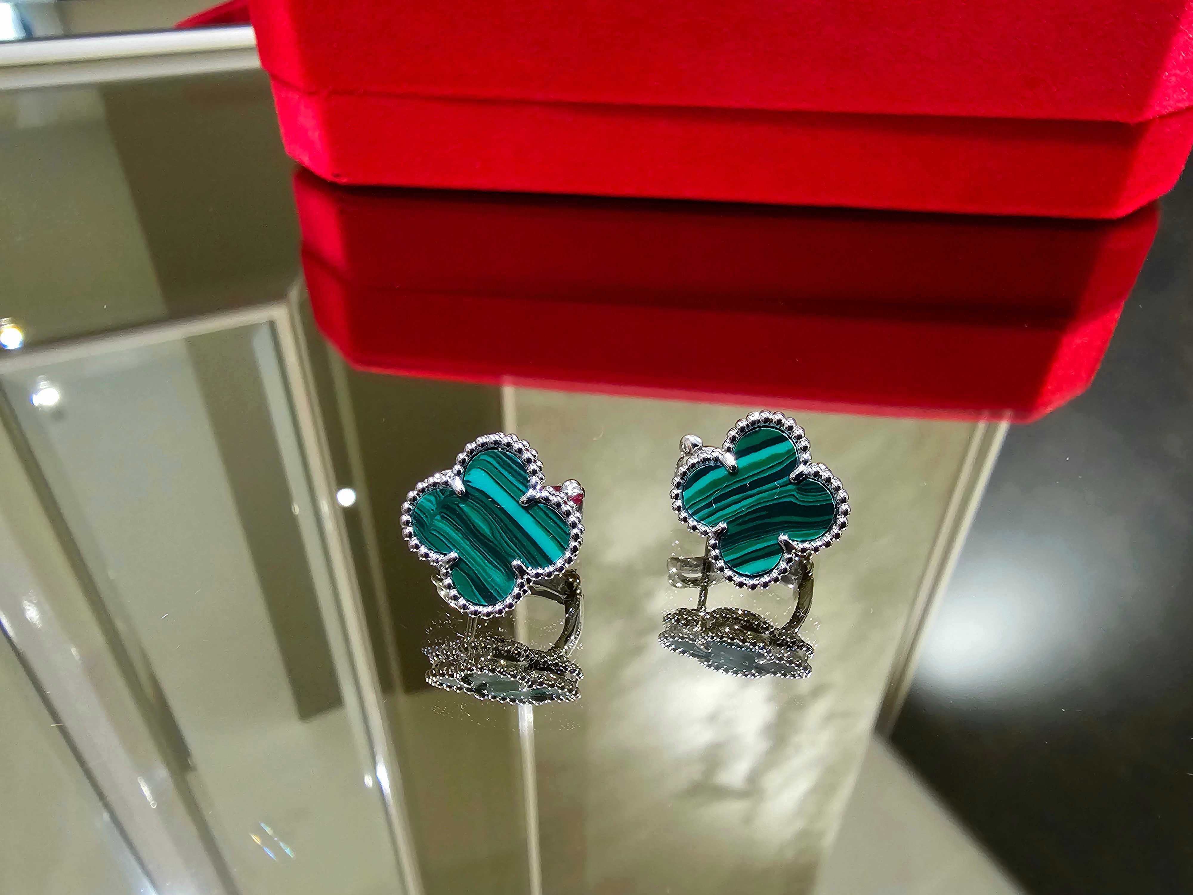 Van Cleef & Arpels VCA Silver Green Alhambra Clips Clover Дамски Обеци