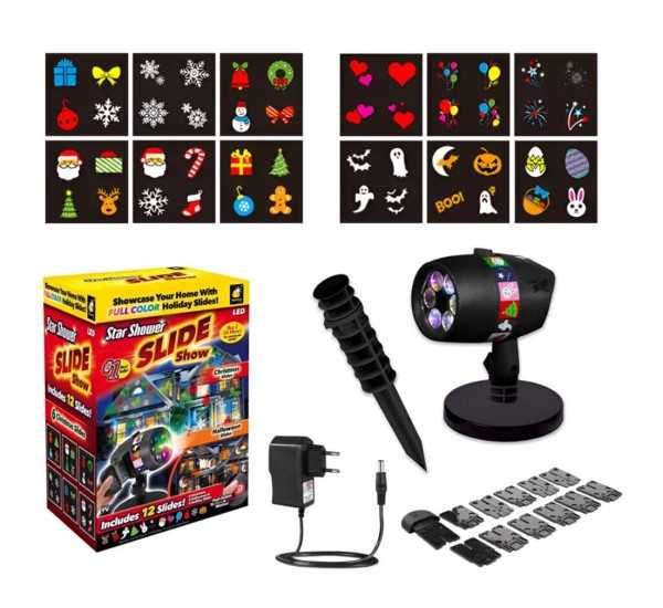 Декоративен проектор Star Shower Slide, 2 бр. стойки, 12 бр. фигури