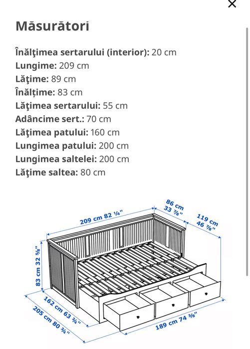 Pat / Divan extensibil Ikea cu 3 sertare si 2 saltele 80x200 cm
