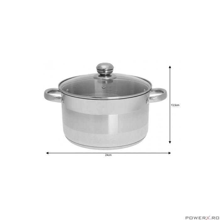 Oala din inox 6litri cu capac sticla, 24 cm,fund termic multistrat,