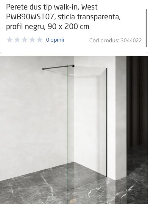Sticla dus west, transparenta, profil negru, dimensiuni: 90 x 200
