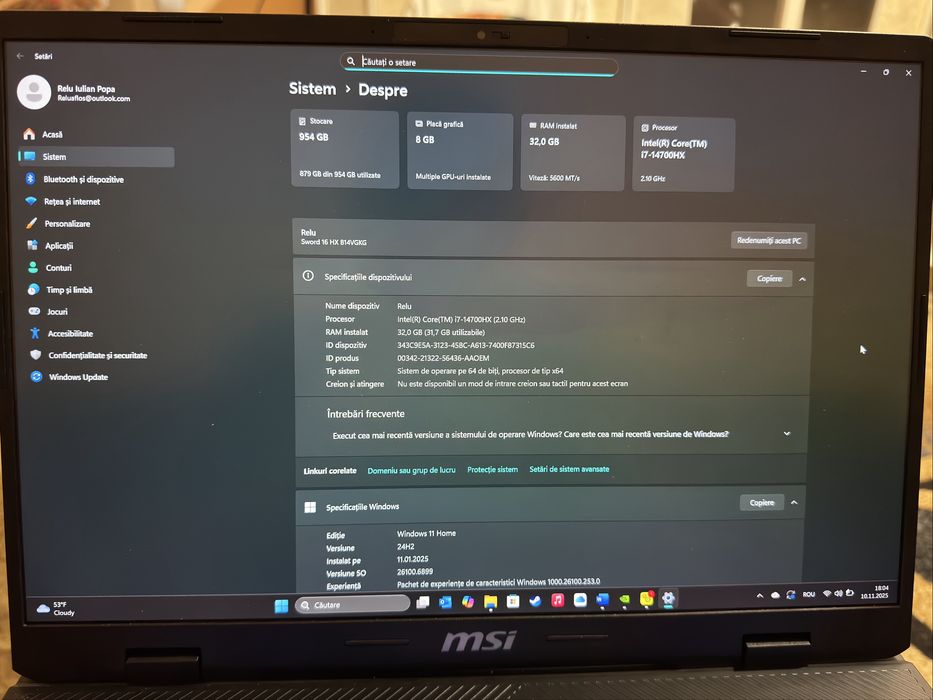Laptop Gaming MSI SWORD 16 HX Editie Aniversara/i7 14700 RTX 4070 32 R