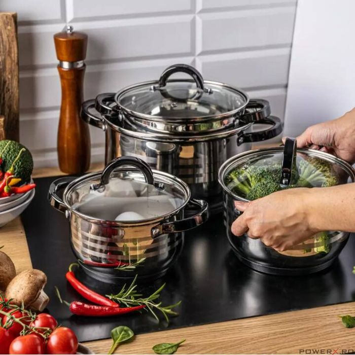 Set 4 oale, din inox, cu capac, manere negre,16/18/20/24cm, Klausberg