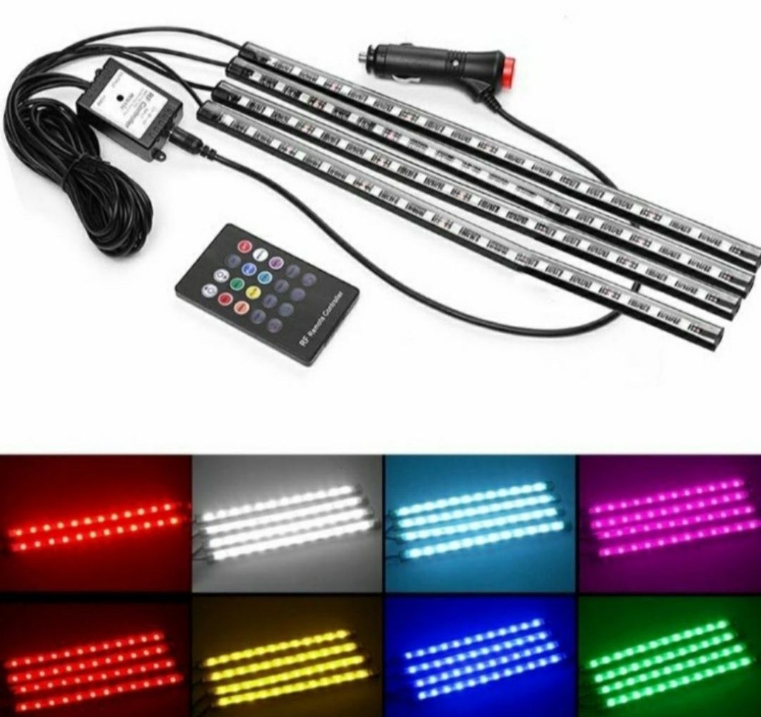 Kit set 4 benzi led auto RGB telecomanda lumina ambientala interior