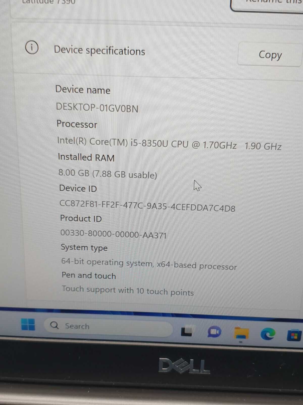 Dell 7390 13.3 Touchscreen I5 8th Gen