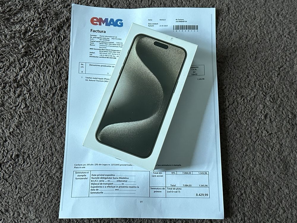 Iphone 15 Pro Max; 512 GB; Natural Titanium; Ca Nou; Factura Emag