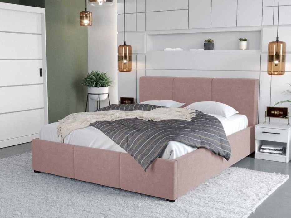 Pat Tapitat Avelis Roz cu somiera rabatabila si lada de depozitare