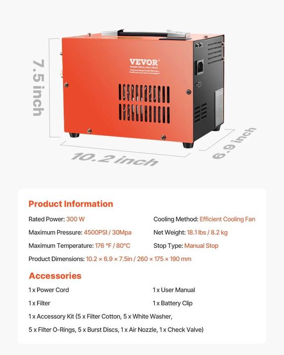 НЕМСКИ PCP компресор за въздух – 4500 PSI + ЛЕД ФЕНЕР