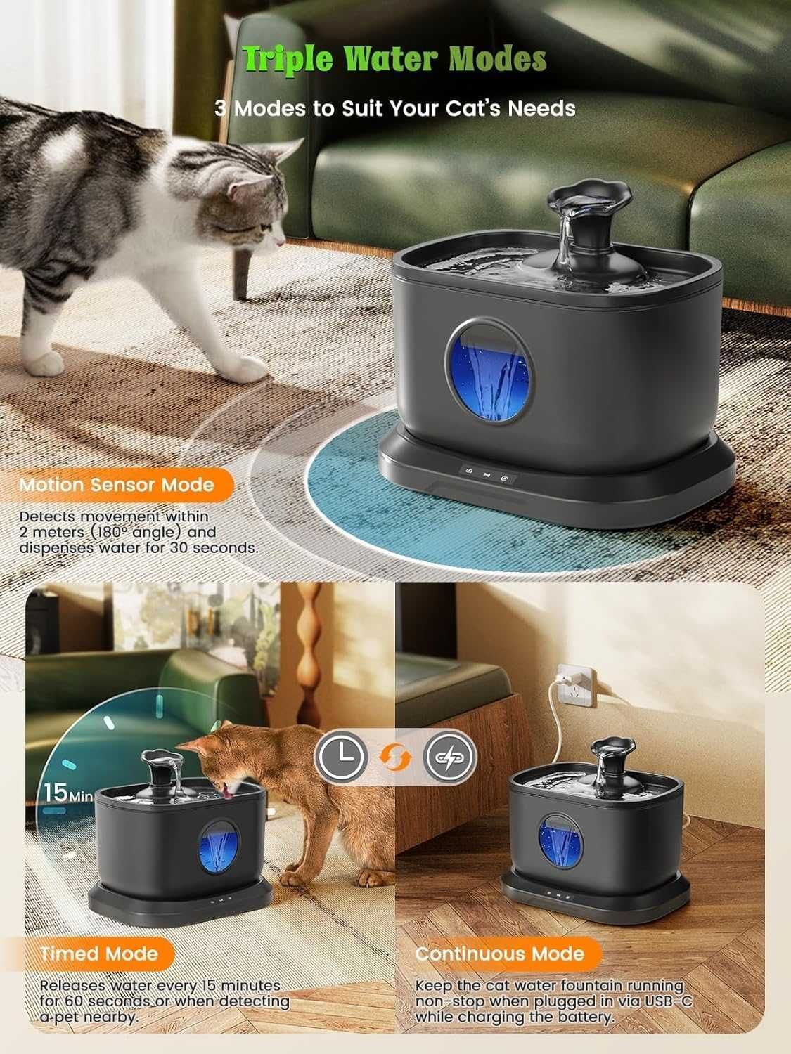 Фонтан за вода за котки, безжичен, за вътрешна употреба, 2,5 л,5000mAh