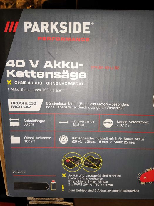 Drujba PARKSIDE 40V, model PPKSA 40-Li B2, sigilata