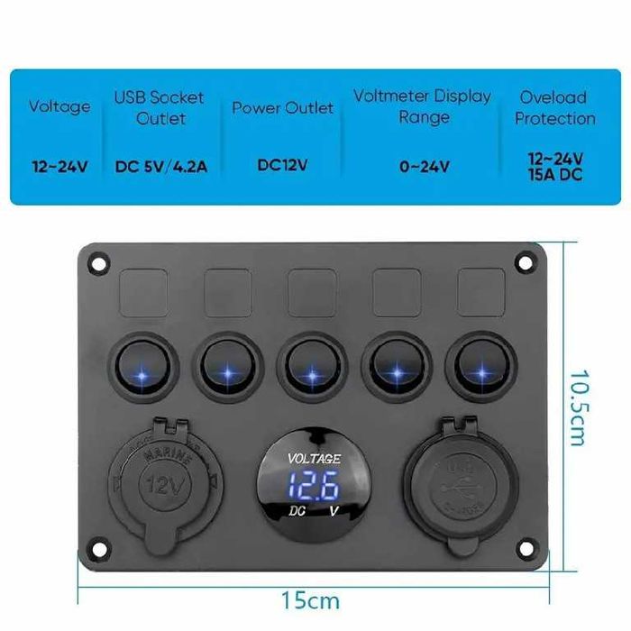 PANOU kit 5 butoane on off AUTO voltmetru incarcator PRIZA AUTO 12V 24