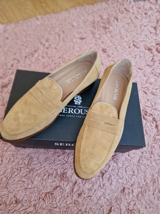 Mocasini loafers din piele intoarsa bej