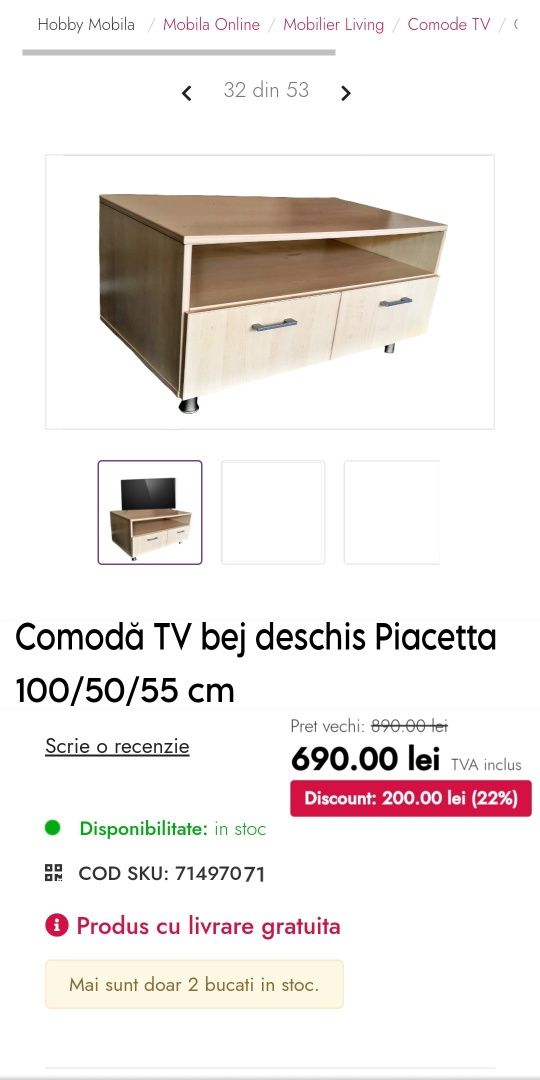 Comodă tv Piacetta ca nouă bej deschis