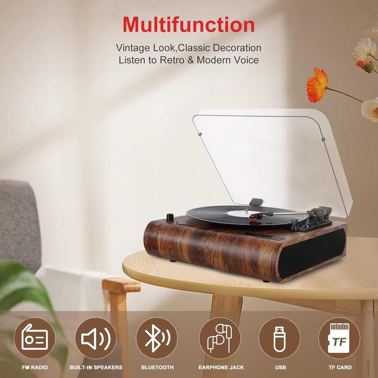 VOSTERIO B-692 Bluetooth 3-скоростен грамофон с вградени високоговорит