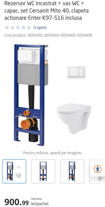 Rezervor WC incastrat + vas WC + capac, set Cersanit Mito 40, clapeta