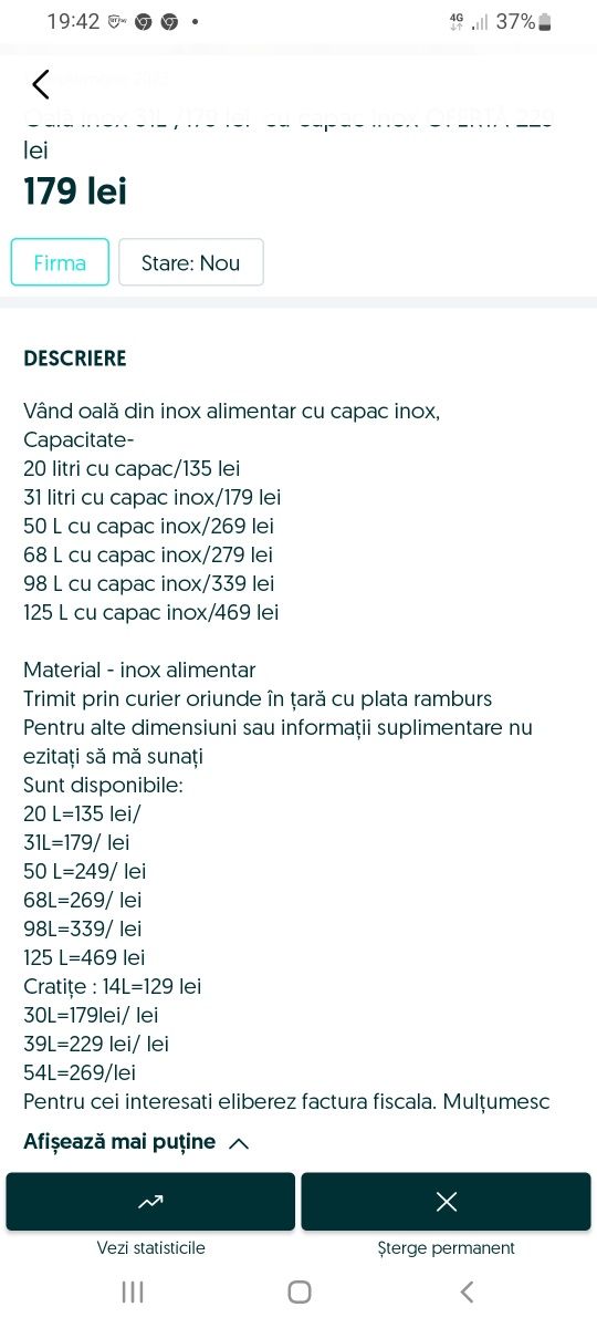 Oală inox cu capac 140 L +Ofertă 489 lei  14 L /20/30/39/50/68/9