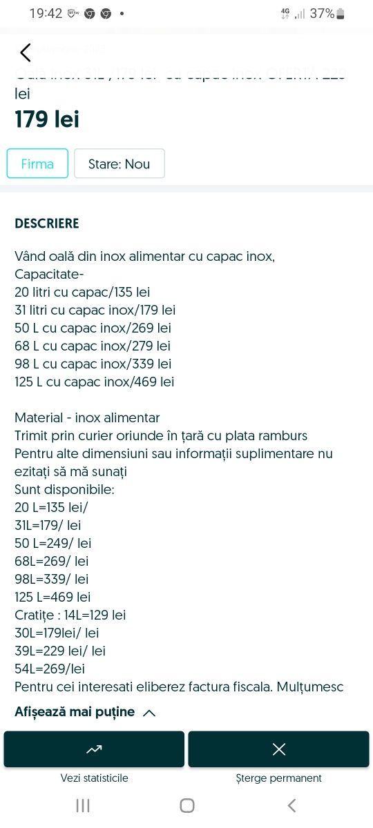 Oală inox cu capac 140 L Ofertă 489 lei  14 L /20/30/39/50/68/98/125/1