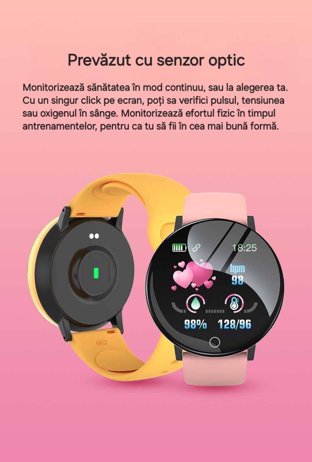 Smartwatch Roz. Apeluri/Mesaje. Mod sport/sănătate.Foto/Music.Ecran HD