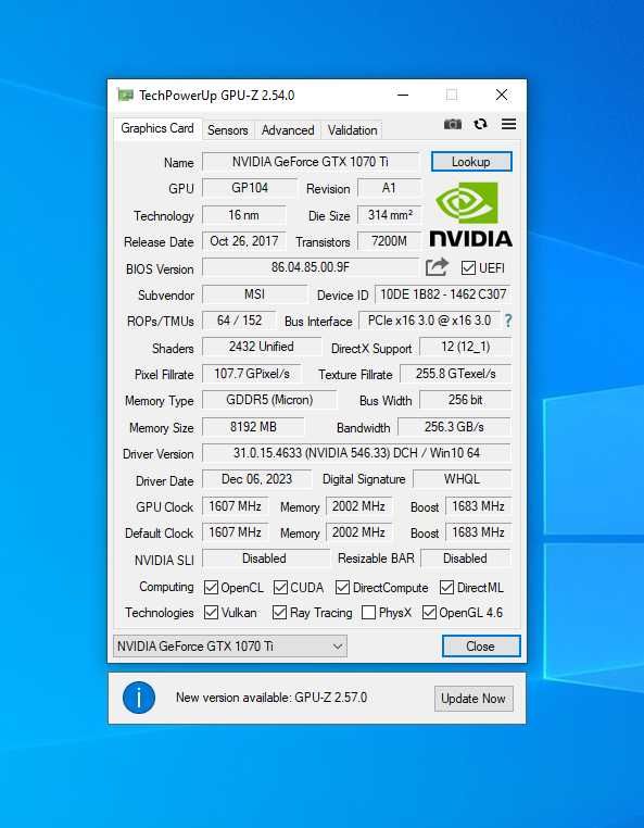 Видео карта GPU MSI GTX1070Ti Armor Edition - 8GB GDDR5