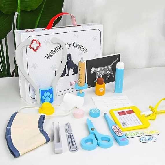 Trusa medic veterinar pentru copii din lemn cu 22 de accesorii