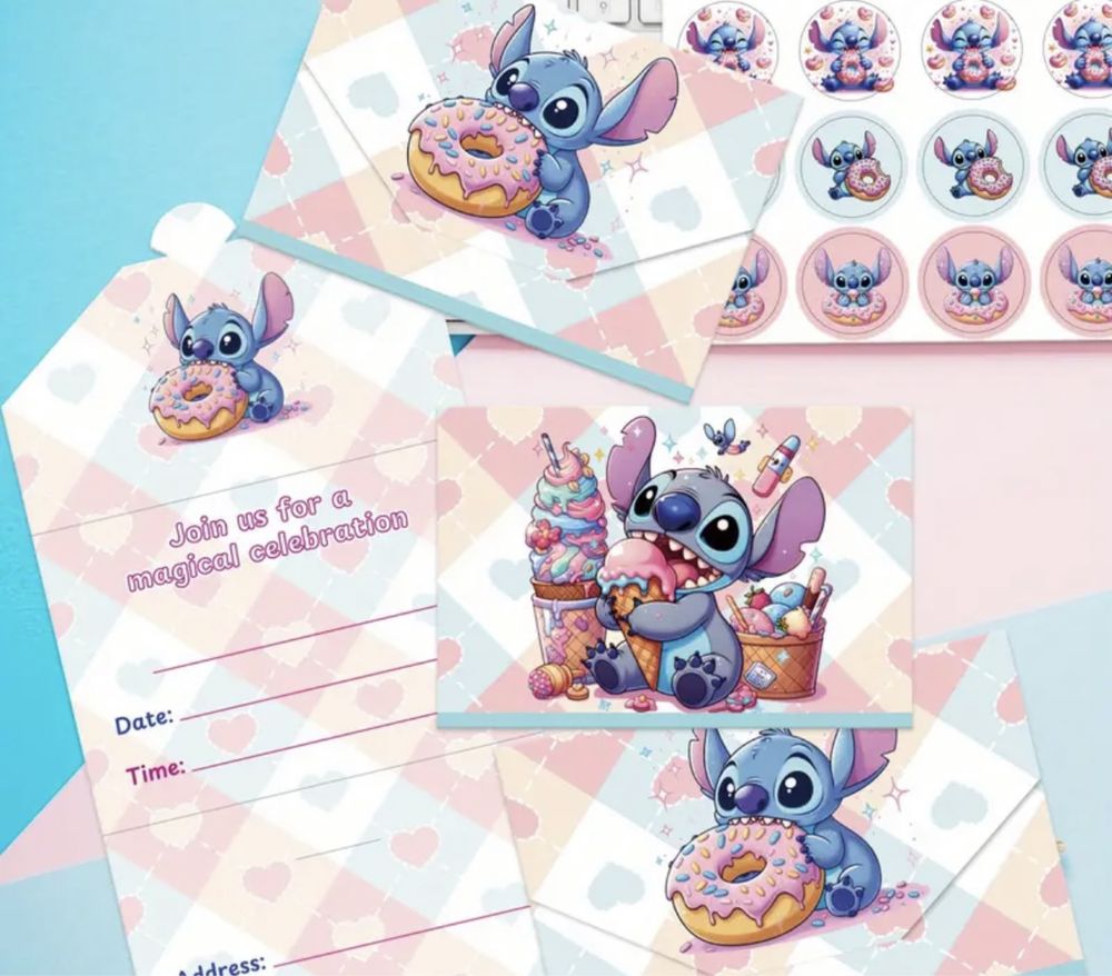 Пълен комплект украса за рожден ден на Stitch, 57 части, покани Ститч