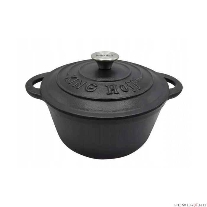 Oala din fonta 2.4 litri, 22cm cratita cu capac, negru, KingHoff