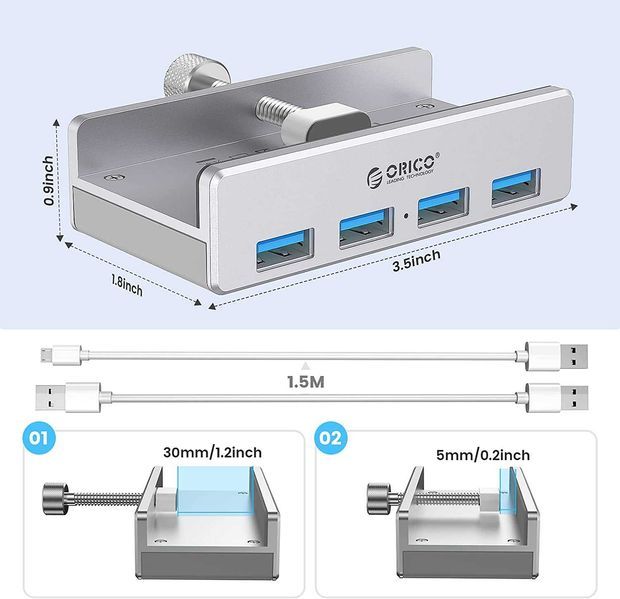 Orico хъб USB 3.0 HUB Clip Type 4 port +  power input MH4PU-P-SV-BP