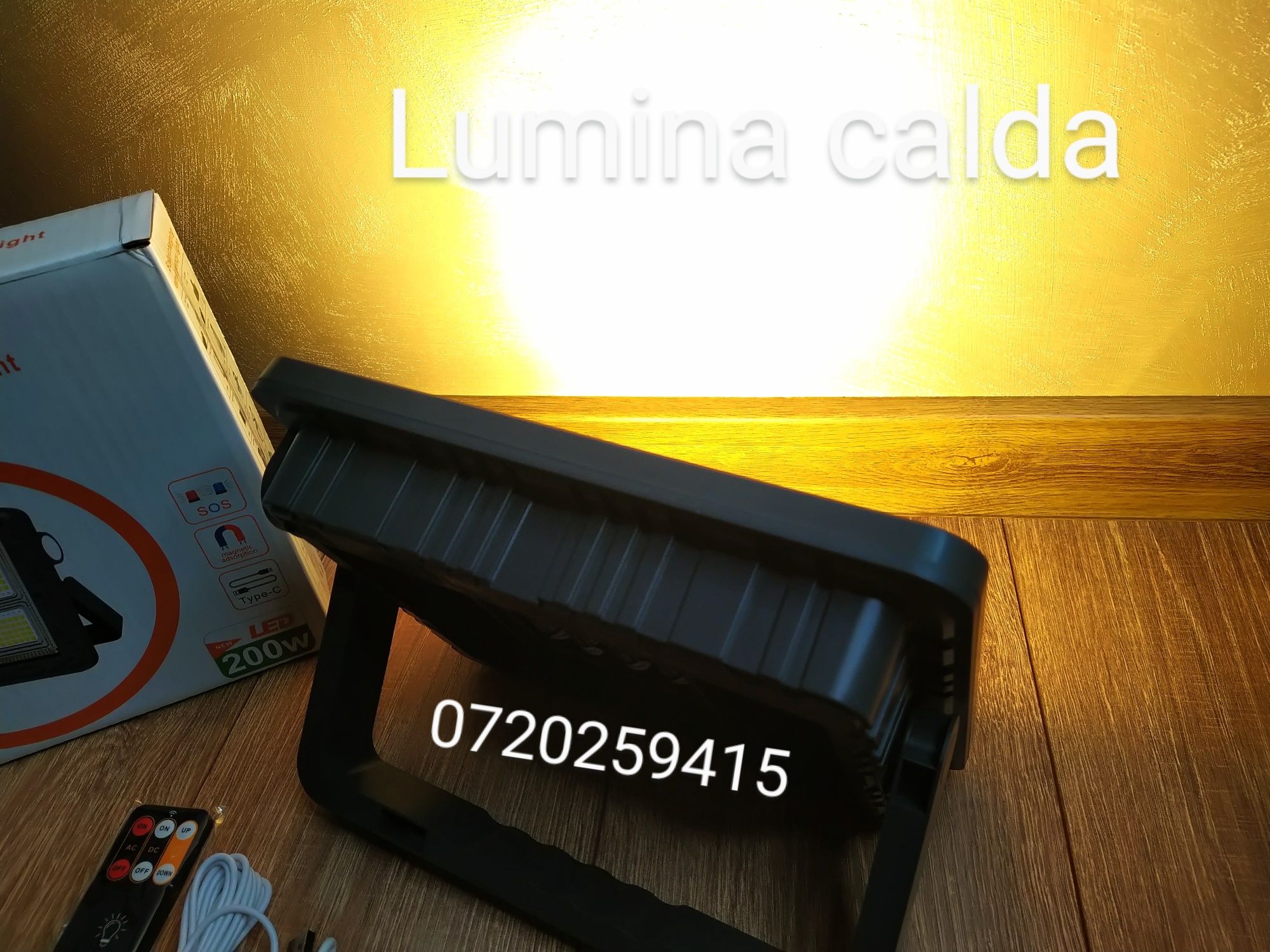 Proiector Solar 200W Portabil, Reîncărcabil, cu Telecomanda, Camping