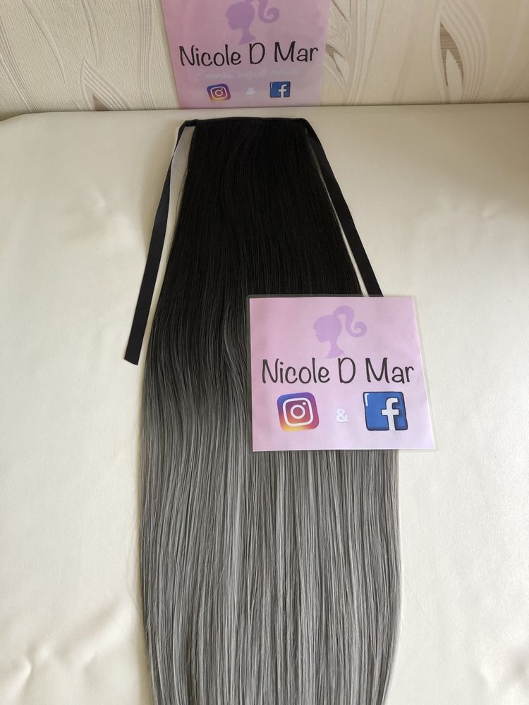 Coada de par/extensii de par ombre negru (brunet) cu gri inchis