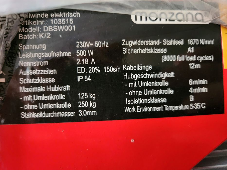 Troliu/macara  electric de 500 w MONZANA