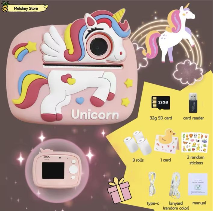 Детски фотоапарат с принтер динозавър , еднорог/Children camera print