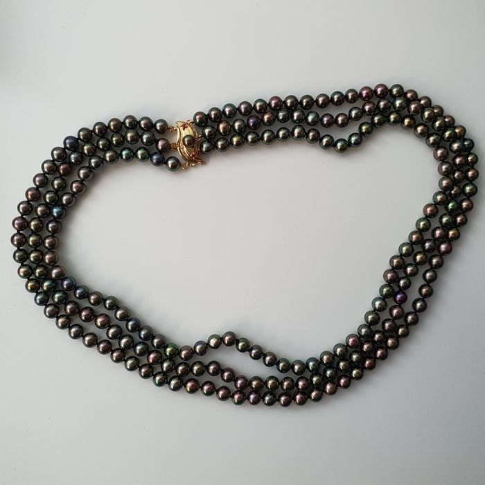 colier triplu perle naturale aur 14k rubine si diamante