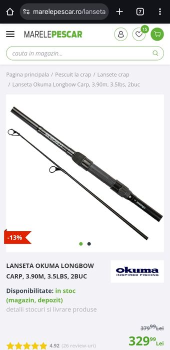 Vând lansetă Okuma Longbow 3.90m 3.5lbs personalizată
