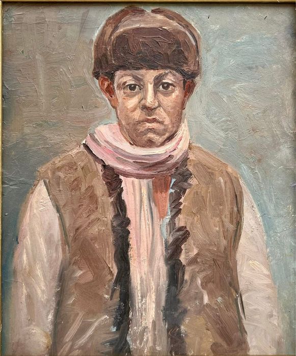 T Schipor 1962 tablou portret bucovinean pictura ulei inramat 45x52cm