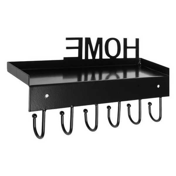 Декоративна поставка за ключове "HOME", 6 кукички и рафт, Черен