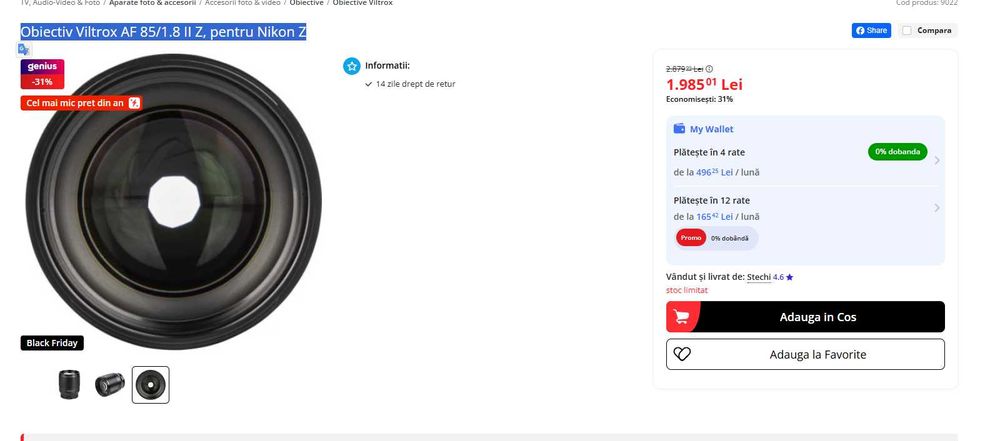 Obiectiv Auto Viltrox AF 85/1.8 II, pt Nikon Z, Full Frame Nou Sigilat