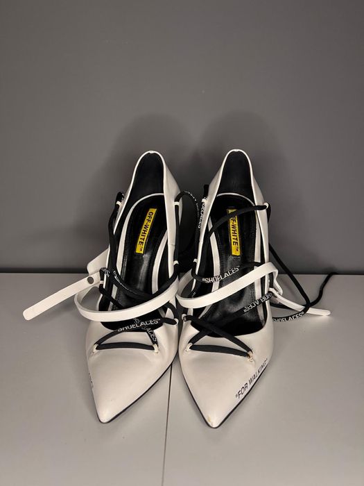 Off White Leather Pumps With Logoed Laces 12cm