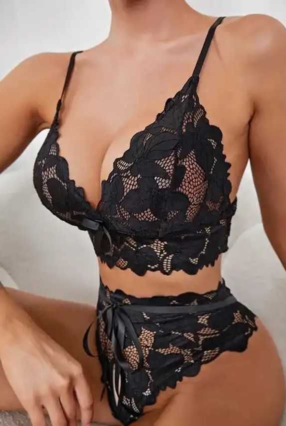 Set de lenjeria sexy erotica, material din dantela, 2 piese, M,  Negru