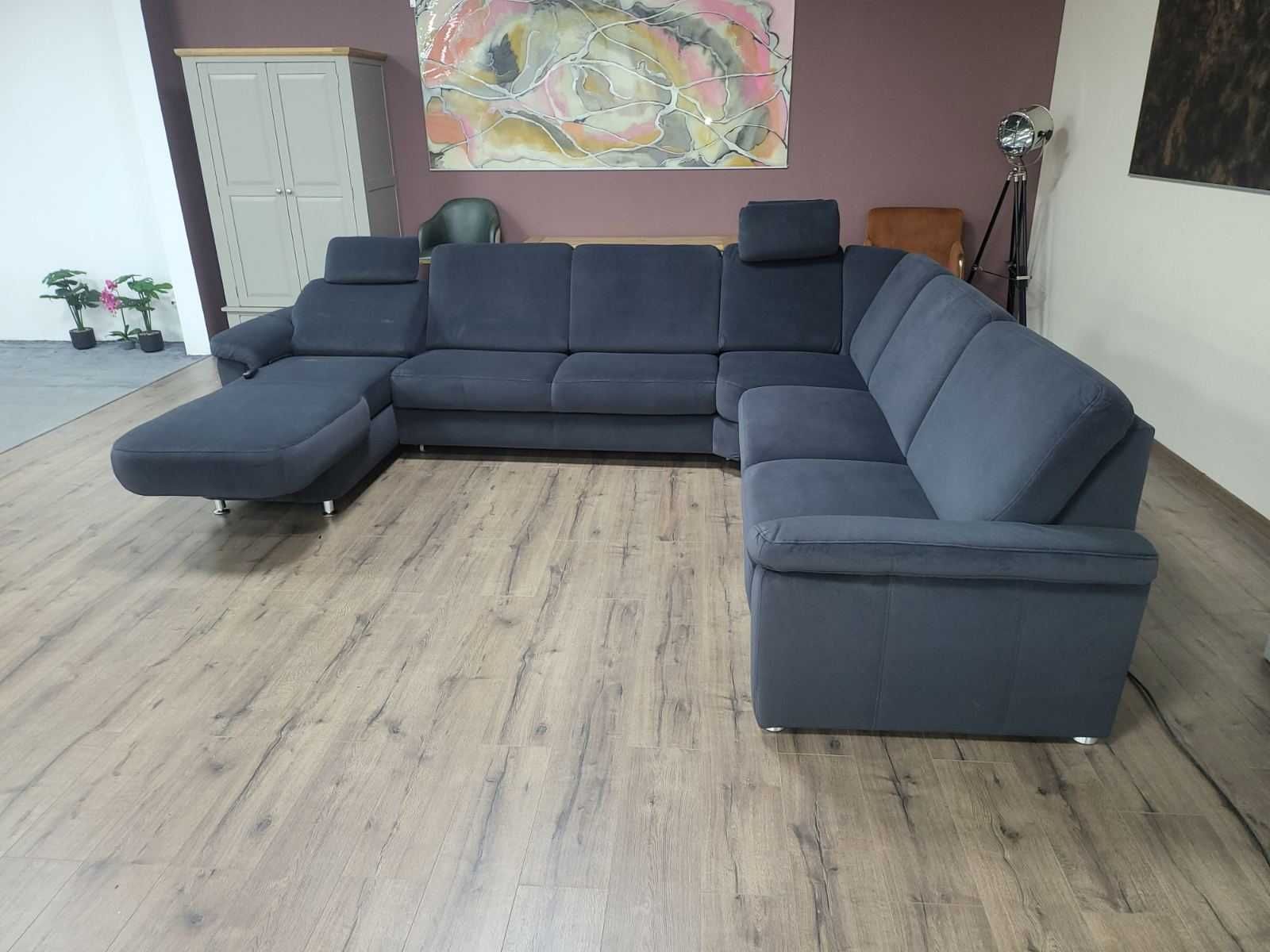Син П образен ъглов диван от плат с функция сън ZE-EM09003