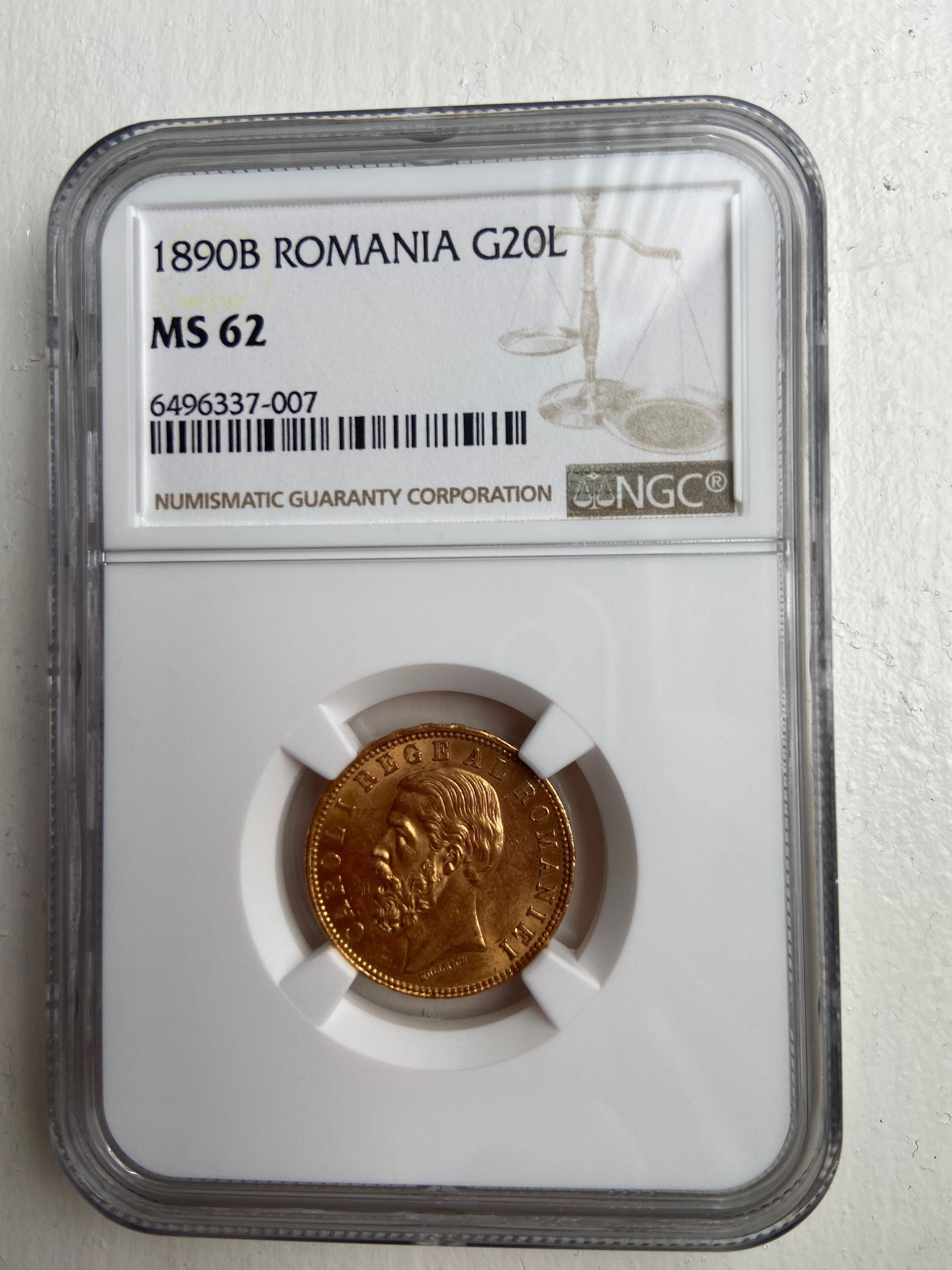 Gradata  NGC Moneda aur 20 lei 1890, Carol I, gradata NGC MS 62