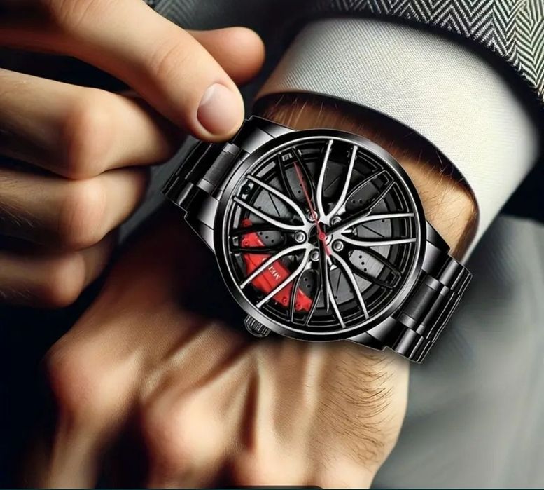 Ceas bărbați curea metalica, model deosebit roată cu etrier