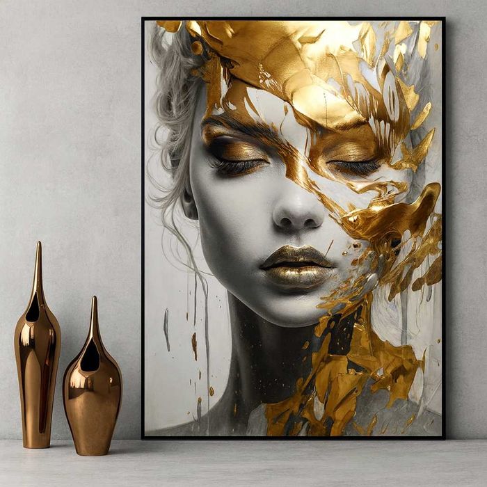 Tablou + Rama Canvas abstract Portret cu accente aurii – 30x40 cm