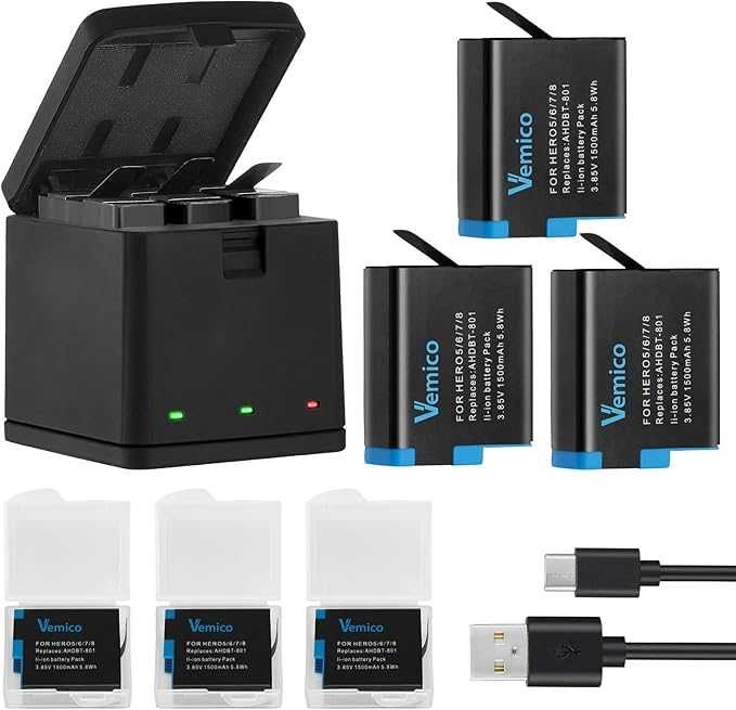 Комплект зарядни устройства Vemico Hero 8 и  3 броя батерии, 1500 mAh