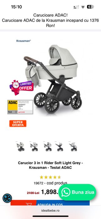 Carucior Krausman 3 in 1 Rider Soft Light Grey folosit